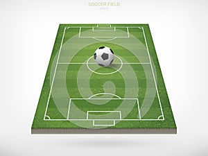 Soccer football ball in soccer field area and white background.