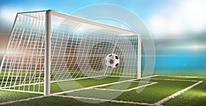 Soccer football ball and soccer goal 3d-illustration soccer stadium background