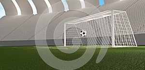 Soccer football ball and soccer goal and soccer stadium grandstand seats 3d-illustration