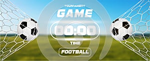 Soccer or Football Banner With 3d Ball and scoreboard or timer on green field background. Soccer game match goal moment