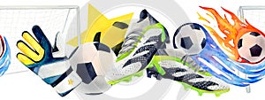 Soccer football border seamless watercolor drawing. Trainers snikers gloves star goal pentagon ball. Sports gear train