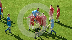 Soccer Football Championship Match: Referee Sees Foul, Gives Signal and Yellow Card, Players Circle