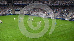 Soccer Football Championship Stadium with Crowd of Fans: Blue Team Attacks, Forward Dribbles