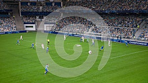 Soccer Football Championship Stadium with Crowd of Fans: Blue Team Attacks, Scores Goal, Players