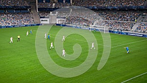 Soccer Football Championship Stadium with Crowd of Fans: Blue Team Forward Attacks, Dribbles