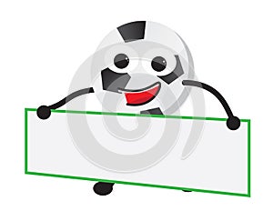 Soccer football character holding white and green sign