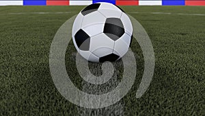 Soccer / football classic ball in the center of the field grass with depth of field defocused, 3D illustration