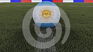 Soccer / football classic ball in the center of the field grass with painting of the Argentina flag with focus on the whole field,