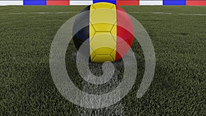 Soccer / football classic ball in the center of the field grass with painting of the Belgium flag with focus on the whole field, 3