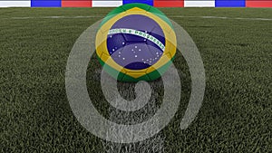 Soccer / football classic ball in the center of the field grass with painting of the Brazil flag with focus on the whole field, 3D
