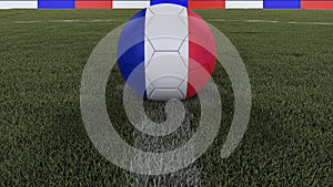Soccer / football classic ball in the center of the field grass with painting of the France flag with focus on the whole field, 3D