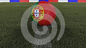 Soccer / football classic ball in the center of the field grass with painting of the Portugal flag with focus on the whole field,