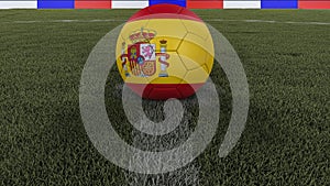 Soccer / football classic ball in the center of the field grass with painting of the Spain flag with focus on the whole field, 3D