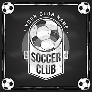 Soccer, football club badge design on chalkboard. Vector illustration. For college league football club sign, logo
