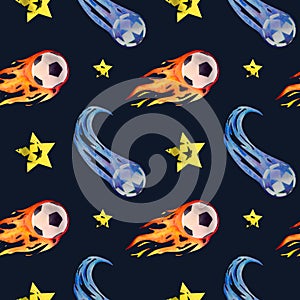 Soccer football comet pattern watercolor drawing. Seamless sports gear. Yellow star fire pentagon ball tail. Leather