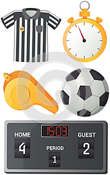 Soccer and Football concept with flat icons Referee, ball, stopwatch and whistle isolated vector
