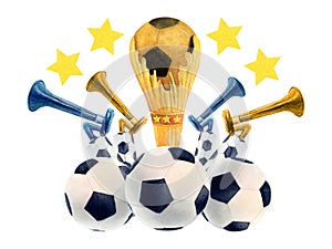 Soccer football cup horn watercolor drawing. Gold prize first pitch pentagon ball tube. Sports gear train team. Match