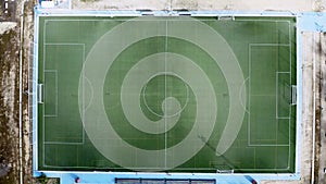 Soccer Football Field. Aerial View from above. Drone Shot