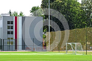 Soccer football field near building