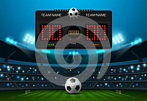 Soccer football field with scoreboard and spotlight