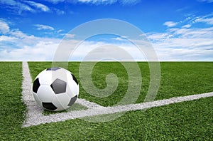 Soccer football field stadium grass line blue sky Background