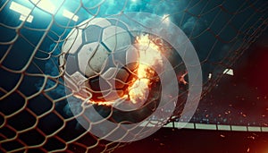 soccer football fire flame flying look like comet and goal net.sport action for advertising concepts