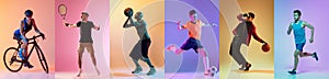 Soccer football, fitness, basketball and tennis. Collage of different professional sportsmen in action and motion