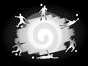 Soccer football flat stadium field with players silhouettes set on silver background