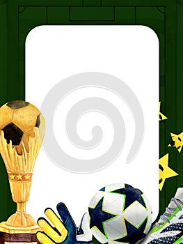 Soccer football frame cup watercolor drawing. Gold prize first star glove sneaker ball. Sports gear train team. Match