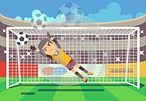 Soccer, football goalkeeper catching ball in goal vector illustration