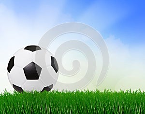 Soccer football on green field with blue sky background