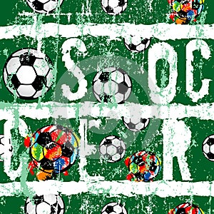 Soccer or Football grungy seamless background with soccer balls and grunge typography