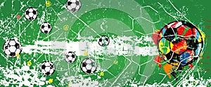 Soccer or Football illustration with soccer balls and playing field, super grunge style,panoramic format