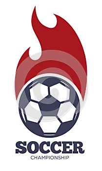 Soccer or football isolated icon with lettering, ball on fire