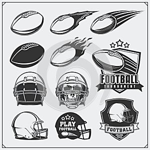 Soccer Football labels, emblems and design elements. Balls and helmets. Vector set.