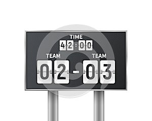 Soccer, football mechanical scoreboard isolated on white background. Design countdown with time, result display. Concept photo