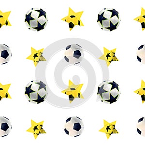 Soccer football pattern watercolor drawing. Seamless sports gear. Yellow star pentagon train team. Leather white