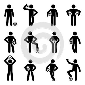 Soccer football player with ball different poses vector illustration. Standing front view black and white icon man pictogram