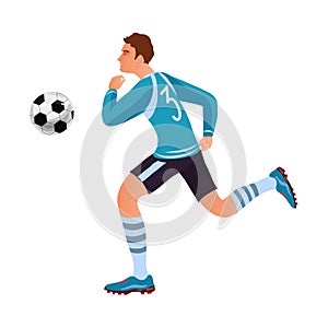 Soccer or football player in blue uniform running with ball