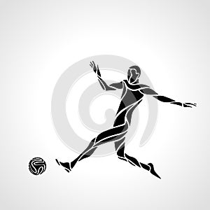 Soccer or football player kicks the ball, sportsman silhouette