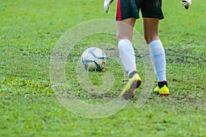 Soccer or football player about to kick the football on grass field