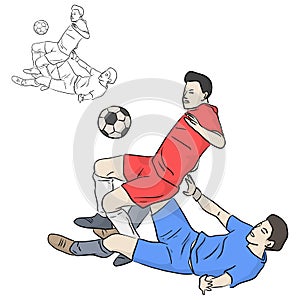 Soccer football players tackling for the ball vector illustration sketch doodle hand drawn with black lines isolated on white