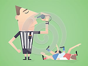 Soccer / Football Referee Blows Into Whistle Over Fallen Players.