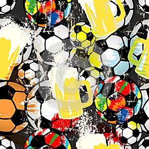Soccer or Football seamless background with soccer balls and mugs of beer, grunge style