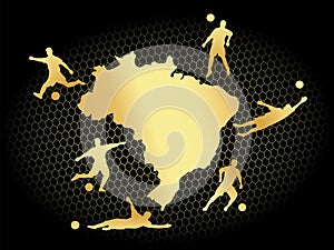 Soccer football stadium field with player silhouettes set on gold Brazil map flat background