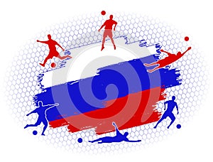 Soccer football stadium field with player silhouettes set on Russia flag flat background