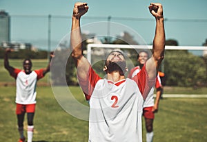 Soccer, football or team sports for winner, celebration or winning team after scoring goal in match, game or champion