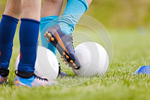 Soccer Football Training Background. Footballers with Soccer Balls on Training Field