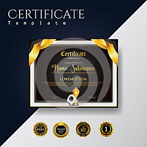 Soccer Game Certificate Diploma With Golden Cup Set Vector. Football. Sport Award Template. Achievement Design