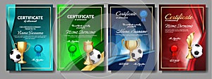 Soccer Game Certificate Diploma With Golden Cup Set Vector. Football. Sport Award Template. Achievement Design. A4
